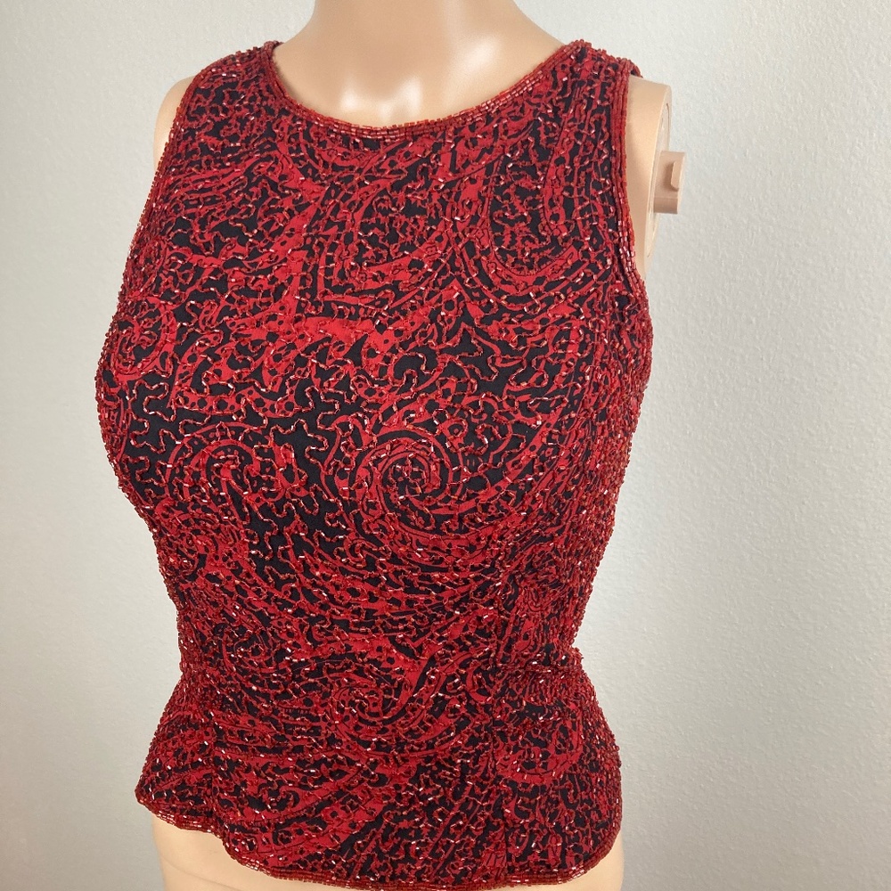 Andretta Donatello Silk Red and Black Beaded Top Size M